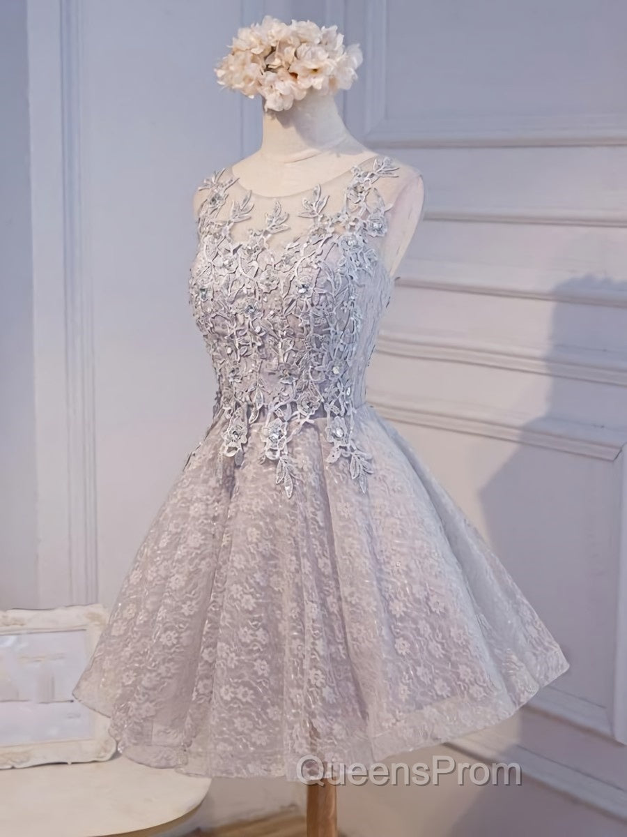 Round Neck Short Gray Lace Evening Prom Dress, Short Gray Lace Formal Homecoming Graduation Dress