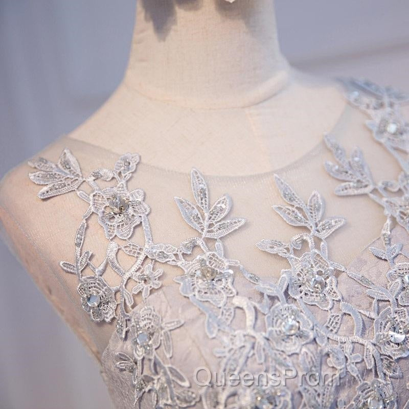 Round Neck Short Gray Lace Evening Prom Dress, Short Gray Lace Formal Homecoming Graduation Dress