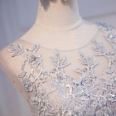 Round Neck Short Gray Lace Evening Prom Dress, Short Gray Lace Formal Homecoming Graduation Dress