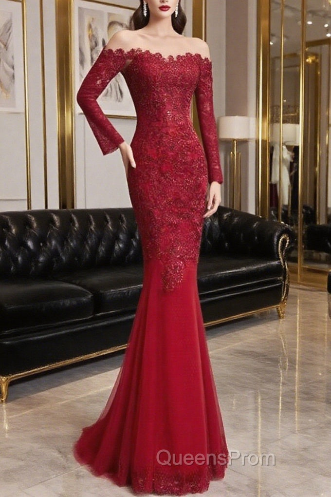 Round Neck Short Sleeves Mermaid Burgundy Lace Long Evening Prom Dress, Mermaid Burgundy Lace Formal Dress, Wine Red Evening Dress Main image