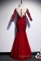 Round Neck Short Sleeves Mermaid Burgundy Lace Long Evening Prom Dress, Mermaid Burgundy Lace Formal Dress, Wine Red Evening Dress