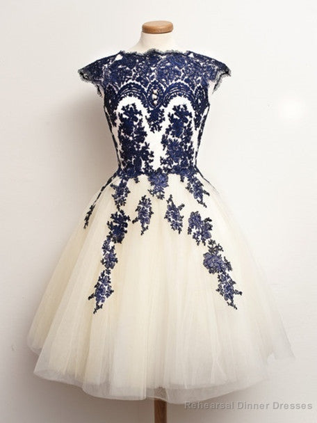 Round Neck Short White And Blue Lace Prom Dresses, Short Lace Homecoming/Graduation Dress Main image