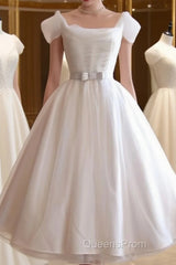 Round-Neck White Tulle Short Retro Evening Prom Dress, Retro Wedding Dress