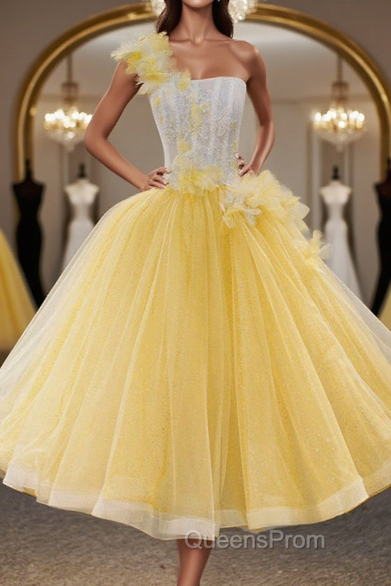 Round Neck Yellow Lace Tulle Evening Prom Dress, Yellow Lace Short Homecoming Dress, Yellow Formal Graduation Evening Dress Main image