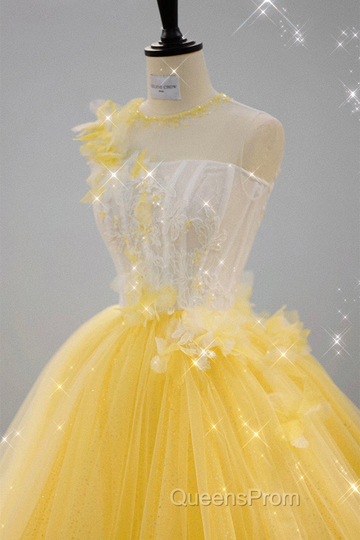 Round Neck Yellow Lace Tulle Evening Prom Dress, Yellow Lace Short Homecoming Dress, Yellow Formal Graduation Evening Dress Secondary image