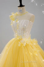 Round Neck Yellow Lace Tulle Evening Prom Dress, Yellow Lace Short Homecoming Dress, Yellow Formal Graduation Evening Dress