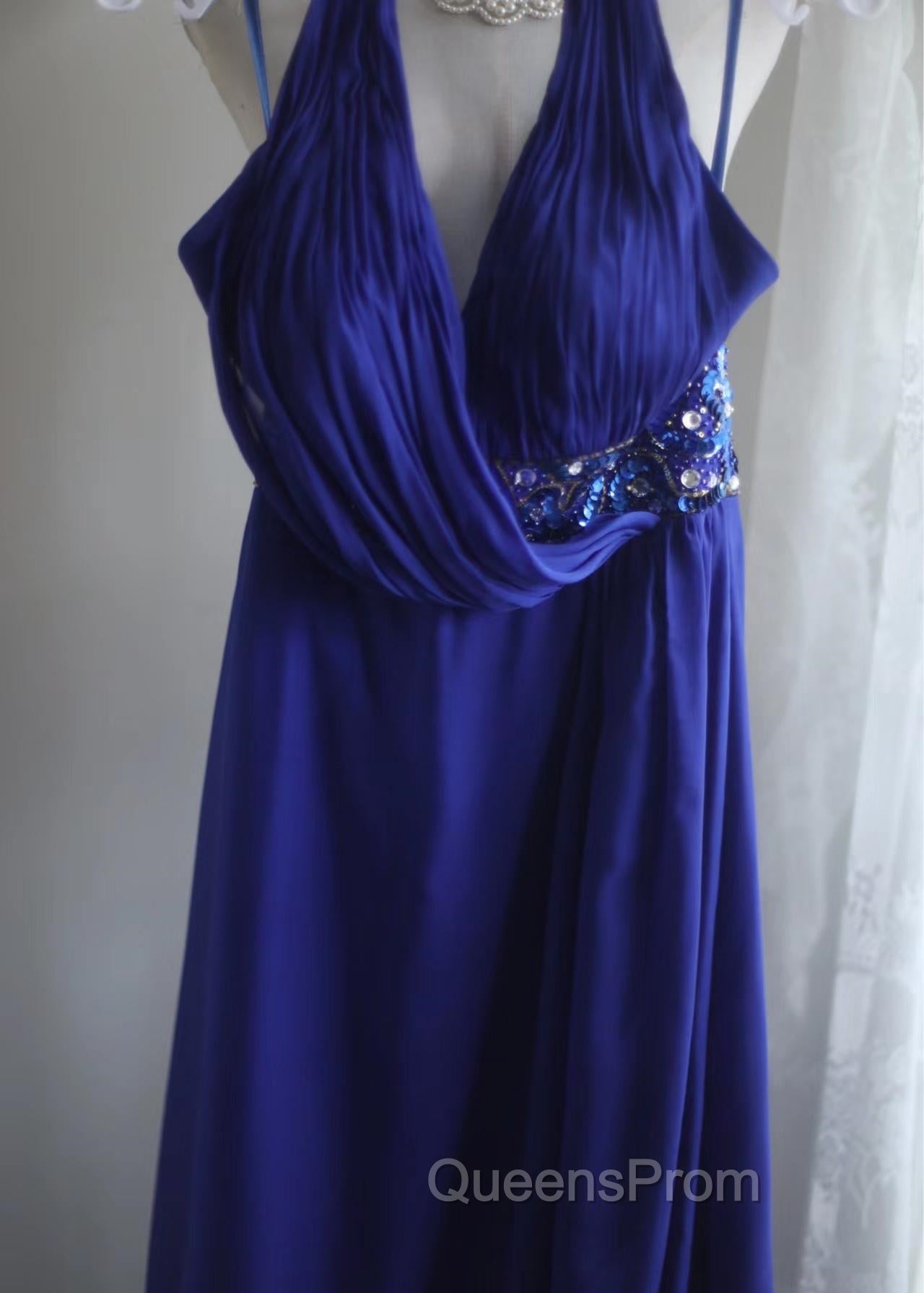 Royal Blue A-Line Halter Chiffon Satin Long Evening Prom Dress V-Neck Beaded Birthday Party Dress Secondary image