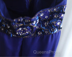 Royal Blue A-Line Halter Chiffon Satin Long Evening Prom Dress V-Neck Beaded Birthday Party Dress