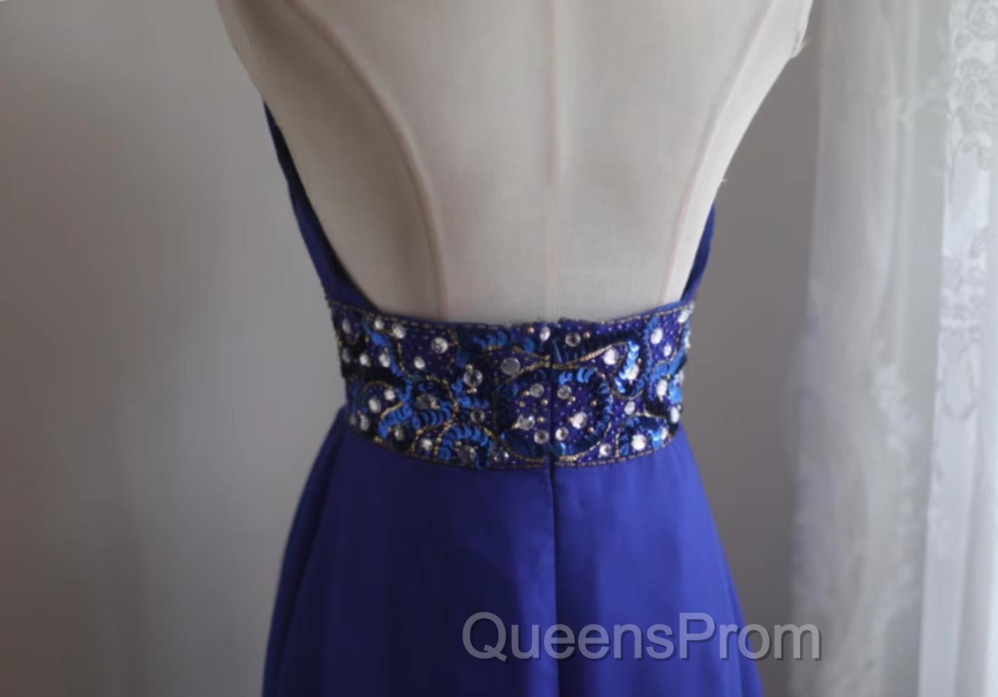 Royal Blue A-Line Halter Chiffon Satin Long Evening Prom Dress V-Neck Beaded Birthday Party Dress