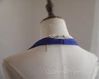 Royal Blue A-Line Halter Chiffon Satin Long Evening Prom Dress V-Neck Beaded Birthday Party Dress