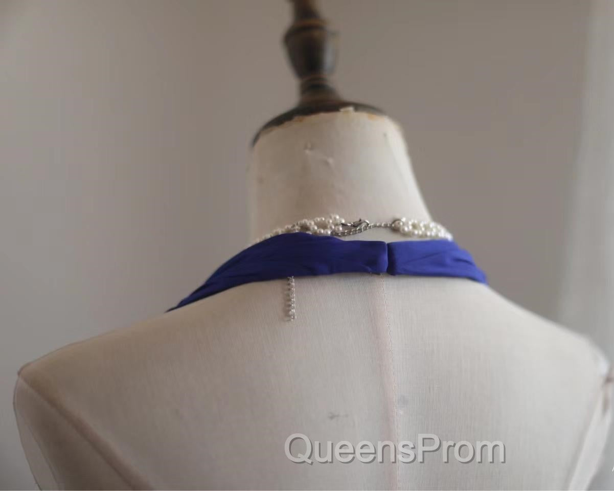 Royal Blue A-Line Halter Chiffon Satin Long Evening Prom Dress V-Neck Beaded Birthday Party Dress