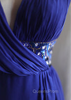 Royal Blue A-Line Halter Chiffon Satin Long Evening Prom Dress V-Neck Beaded Birthday Party Dress