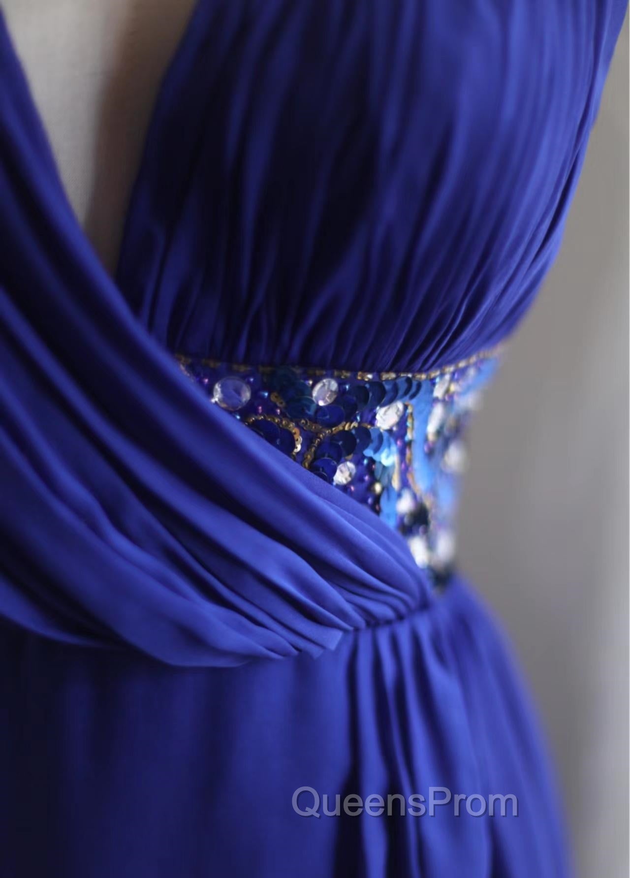 Royal Blue A-Line Halter Chiffon Satin Long Evening Prom Dress V-Neck Beaded Birthday Party Dress