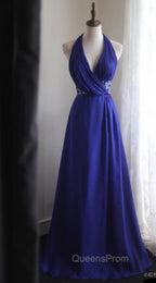 Royal Blue A-Line Halter Chiffon Satin Long Evening Prom Dress V-Neck Beaded Birthday Party Dress