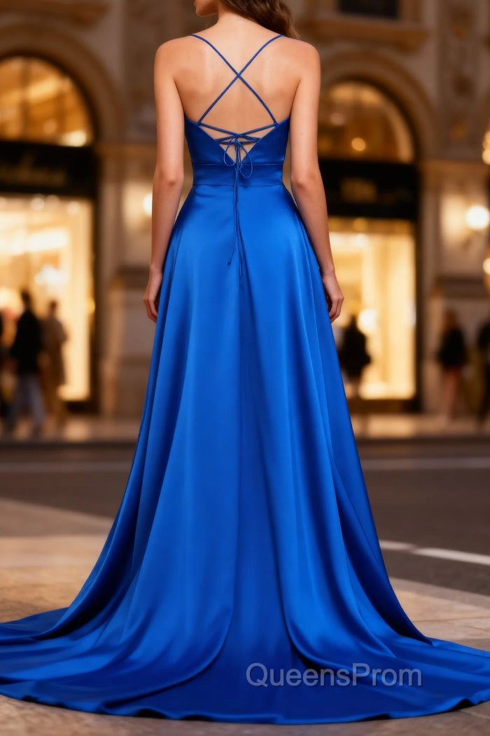Royal Blue A Line Spaghetti Straps Satin Evening Prom Dress with Slit Secondary image