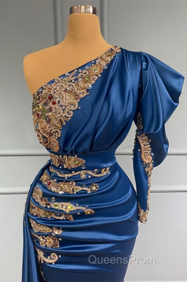 Royal Blue Asymmetric One Shoulder Stretch Satin Evening Evening Prom Dress with Appliques Secondary image