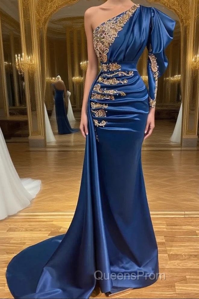 Royal Blue Asymmetric One Shoulder Stretch Satin Evening Evening Prom Dress with Appliques Main image
