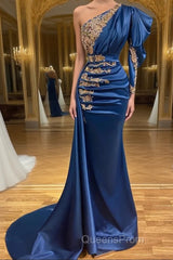 Royal Blue Asymmetric One Shoulder Stretch Satin Evening Evening Prom Dress with Appliques