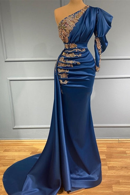 Royal Blue Asymmetric One Shoulder Stretch Satin Evening Prom Dresses With Appliques Main image