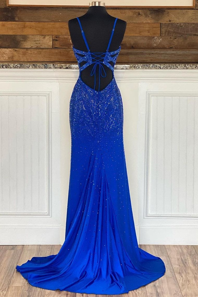 Royal Blue Beaded V-Neck Mermaid Long Classy Prom Dress Secondary image