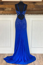 Royal Blue Beaded V-Neck Mermaid Long Classy Prom Dress