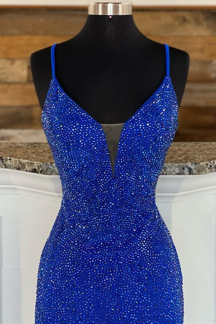 Royal Blue Beaded V-Neck Mermaid Long Classy Prom Dress