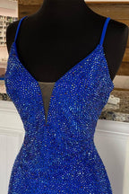 Royal Blue Beaded V-Neck Mermaid Long Classy Prom Dress