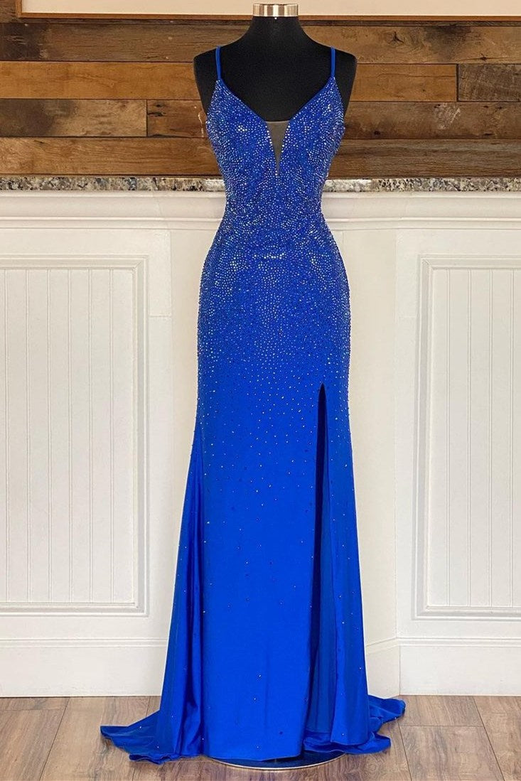 Royal Blue Beaded V-Neck Mermaid Long Classy Prom Dress