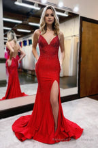 Royal Blue Beaded V Neck Mermaid Long Prom Dresses with Slit
