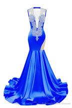 Royal Blue Deep V Neck Mermaid Satin Prom Dresses Sparkly Beaded Pageant Crystals Evening Formal Dresses