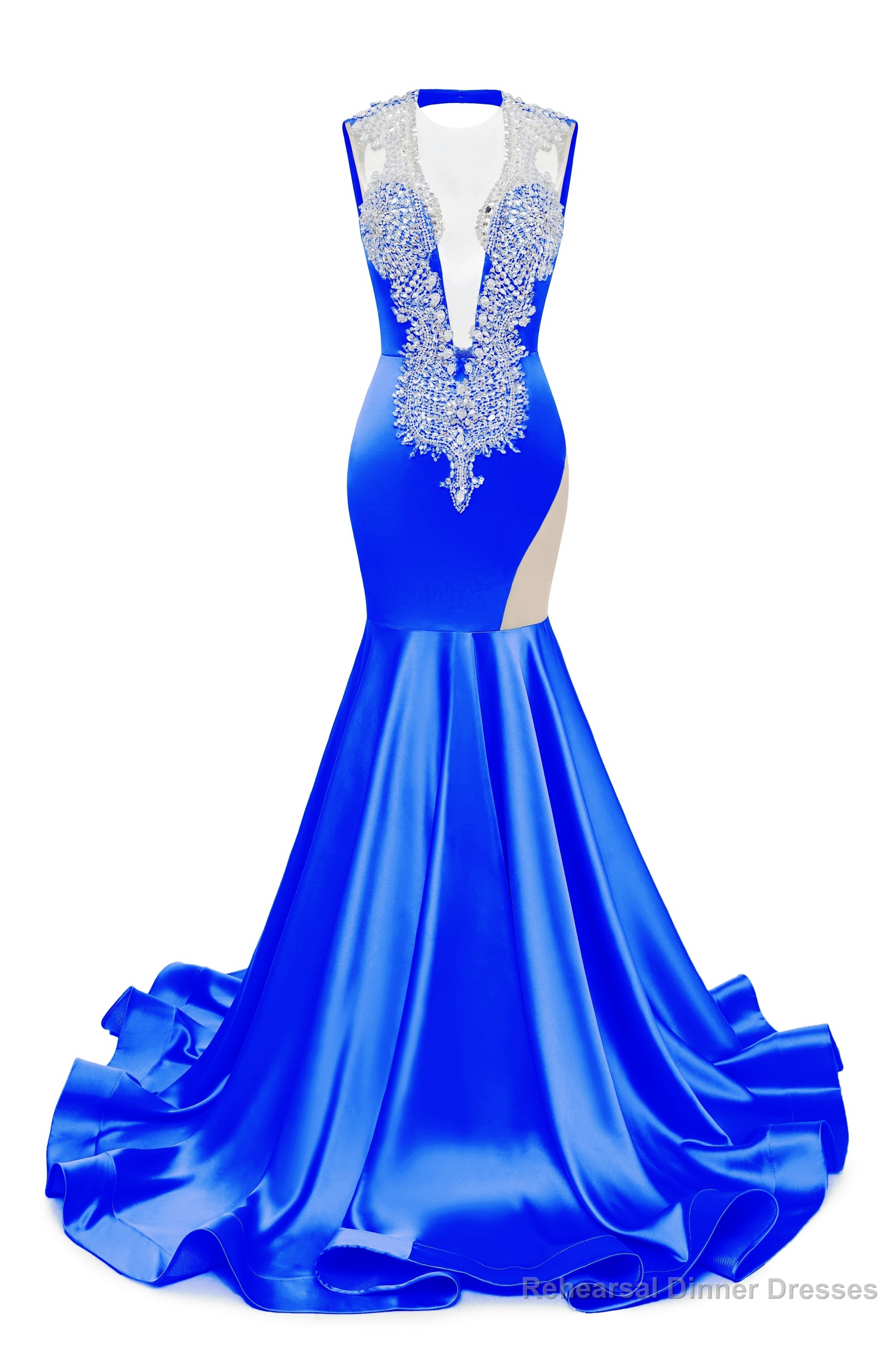 Royal Blue Deep V Neck Mermaid Satin Prom Dresses Sparkly Beaded Pageant Crystals Evening Formal Dresses