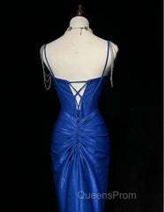 Royal Blue Elegant Mermaid Satin Spaghetti Strap Long Evening Prom Dress Beaded Formal Evening Gown