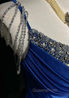 Royal Blue Elegant Mermaid Satin Spaghetti Strap Long Evening Prom Dress Beaded Formal Evening Gown
