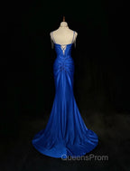 Royal Blue Elegant Mermaid Satin Spaghetti Strap Long Evening Prom Dress Beaded Formal Evening Gown