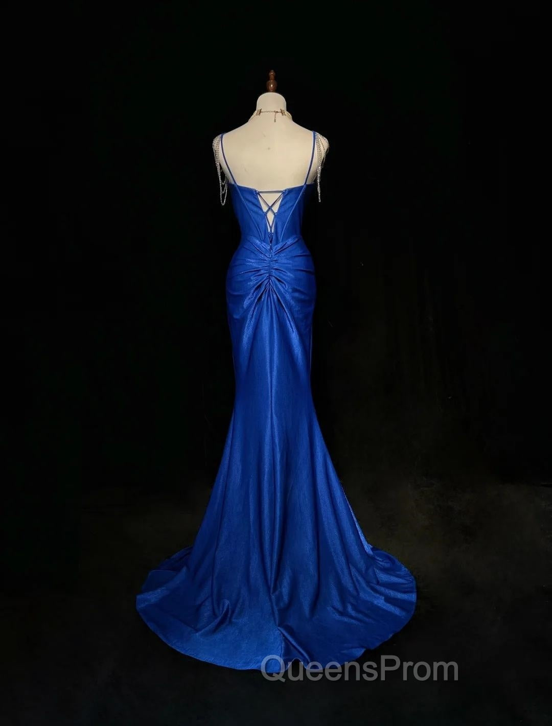 Royal Blue Elegant Mermaid Satin Spaghetti Strap Long Evening Prom Dress Beaded Formal Evening Gown
