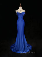 Royal Blue Elegant Mermaid Satin Spaghetti Strap Long Evening Prom Dress Beaded Formal Evening Gown