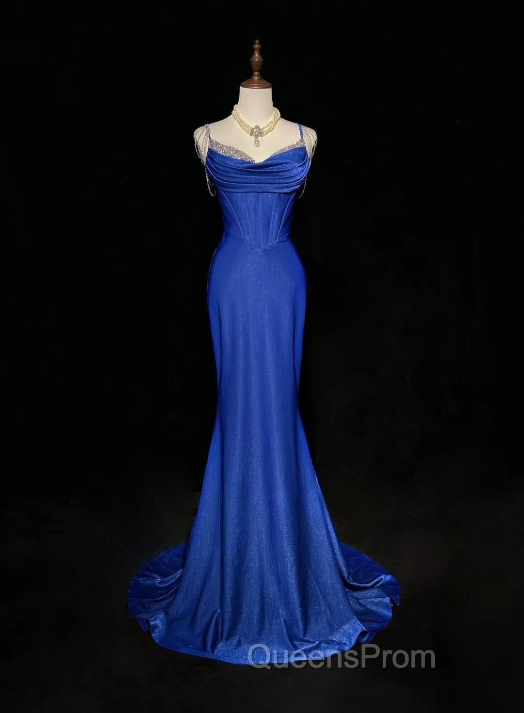 Royal Blue Elegant Mermaid Satin Spaghetti Strap Long Evening Prom Dress Beaded Formal Evening Gown