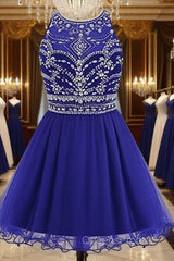 Royal Blue Homecoming Dress , Tulle Beaded Party Dress, Cute Party Dress
