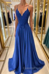 Royal blue lace satin long Evening Prom Dress blue formal Dress