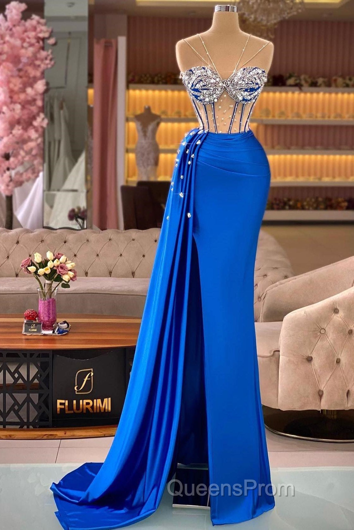 Royal Blue Mermaid Beading See Through Evening Prom Dress Secondary image
