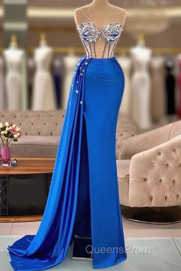 Royal Blue Mermaid Beading See Through Evening Prom Dress Main image