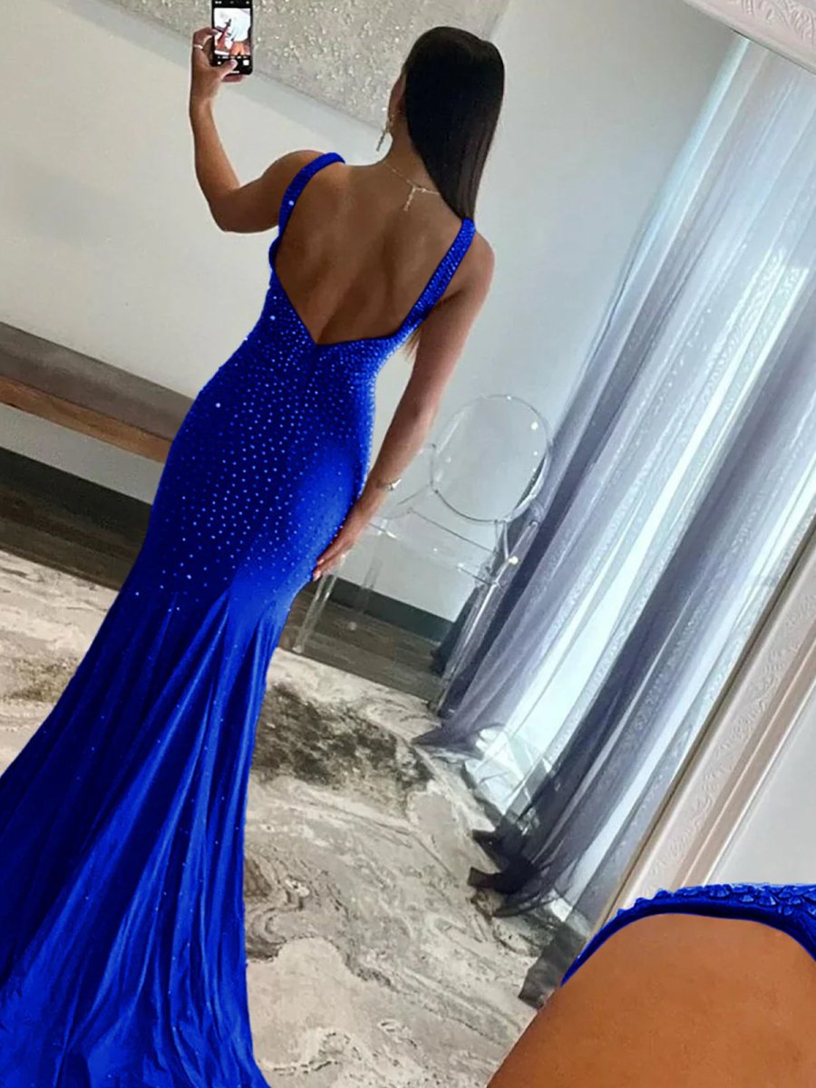Royal Blue Mermaid Deep V-Neck Beaded Satin Long Prom Dress Secondary image