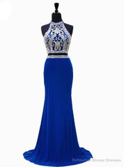 Royal Blue Mermaid High Neck Beaded Crystals Floor Length Prom Dress