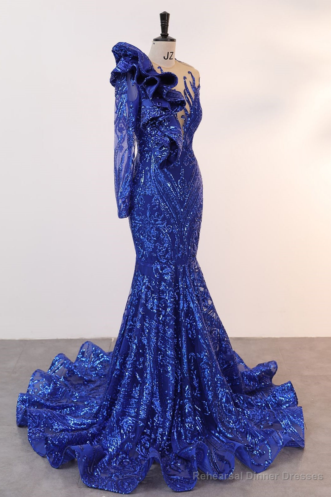 Royal Blue Mermaid One Sleeve Prom Dresses Sequined Lace Jewel Ruffles Evening Party Dress with Appliques Secondary image