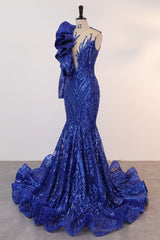 Royal Blue Mermaid One Sleeve Prom Dresses Sequined Lace Jewel Ruffles Evening Party Dress with Appliques