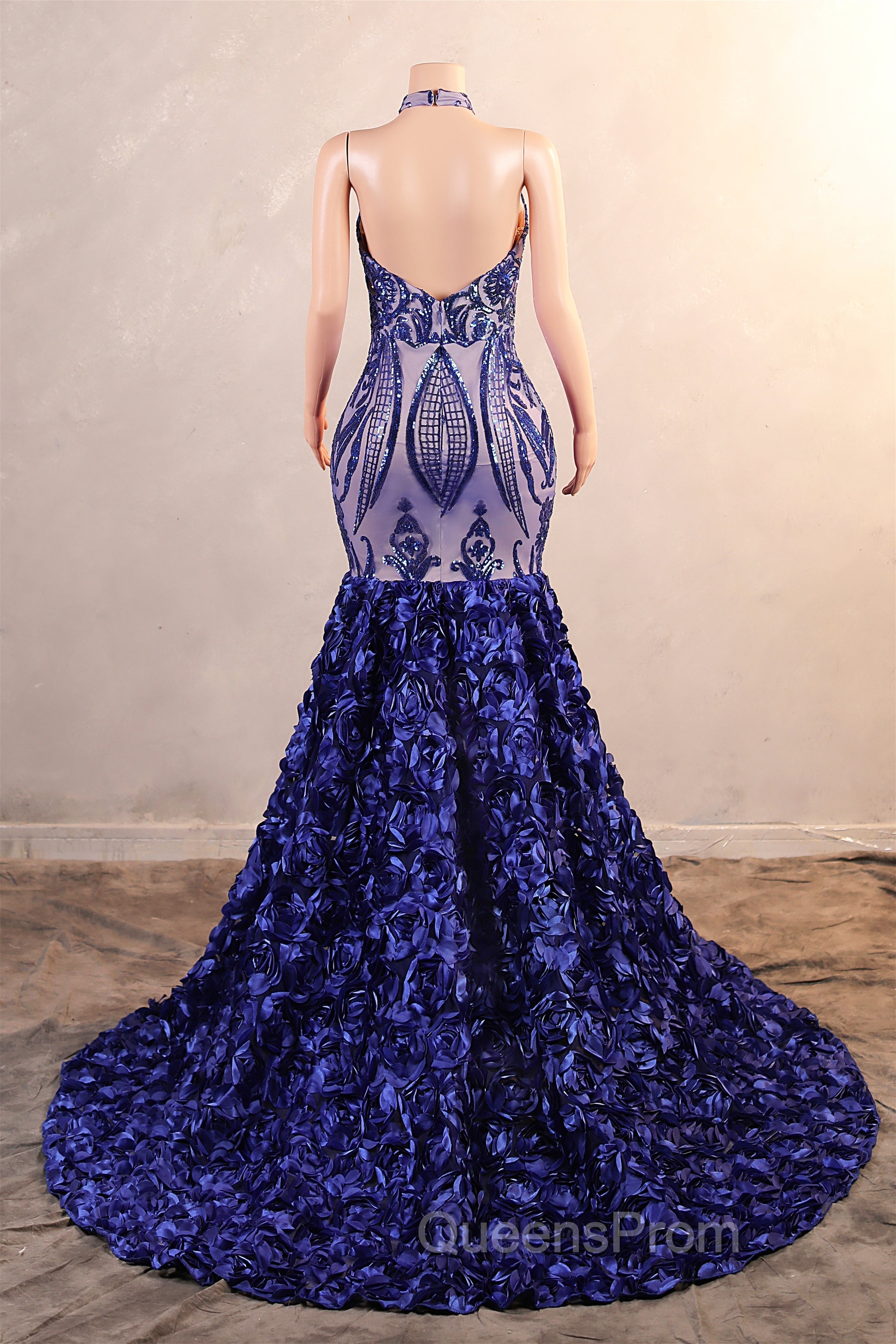 Royal Blue Mermaid Evening Prom Dress Sequined Lace Flowers Halter Neck Backless Long Gowns