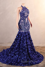 Royal Blue Mermaid Evening Prom Dress Sequined Lace Flowers Halter Neck Backless Long Gowns
