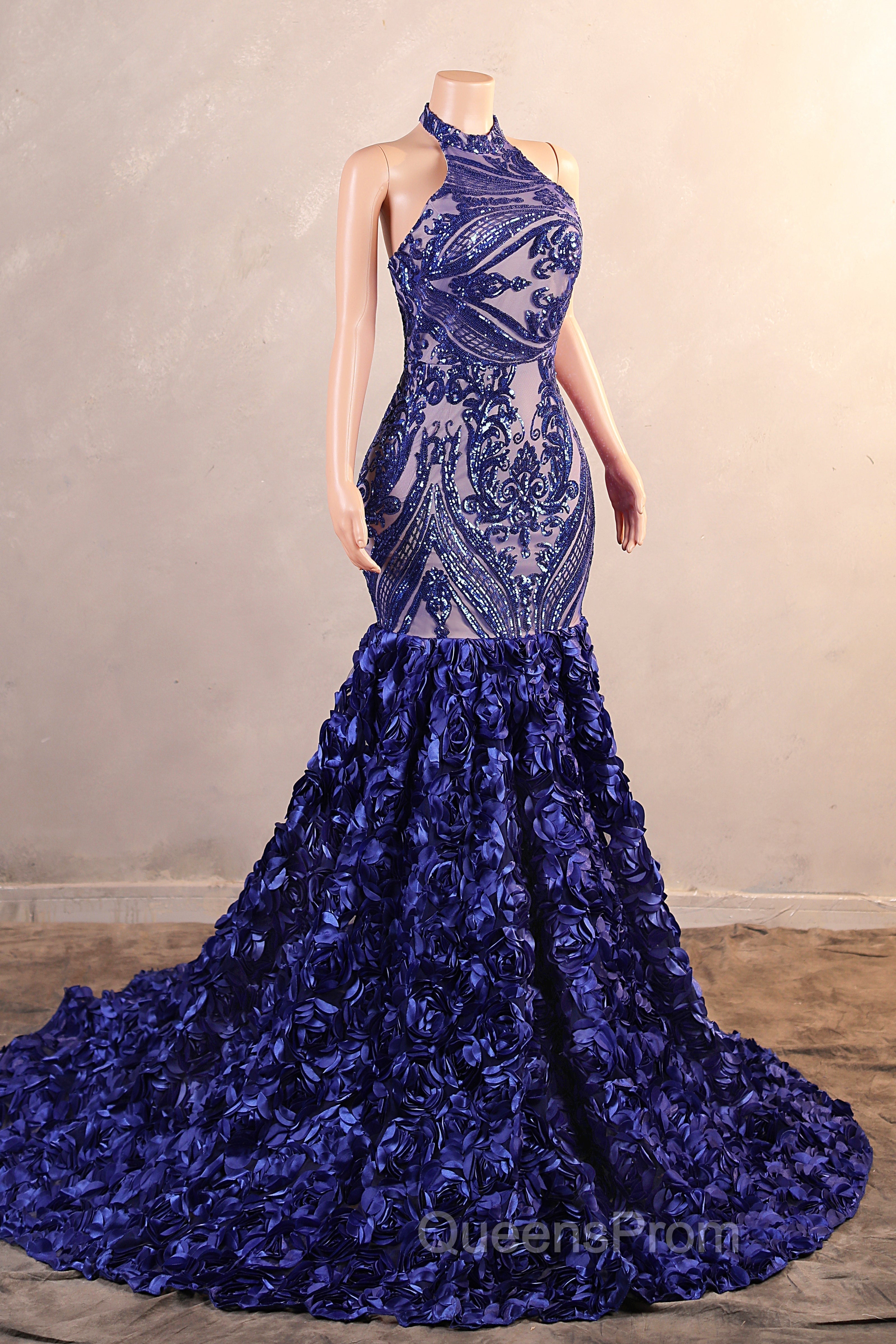 Royal Blue Mermaid Evening Prom Dress Sequined Lace Flowers Halter Neck Backless Long Gowns