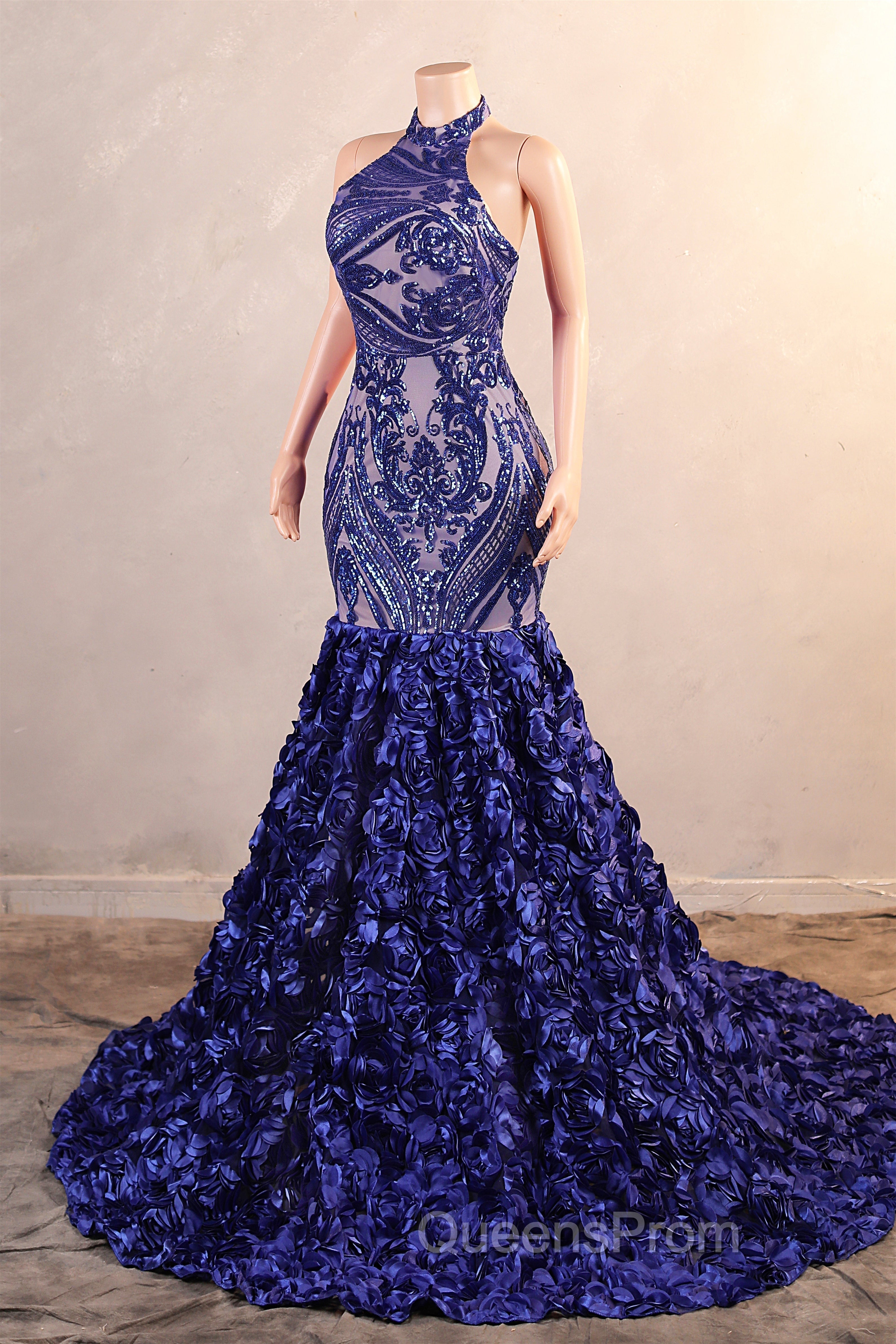 Royal Blue Mermaid Evening Prom Dress Sequined Lace Flowers Halter Neck Backless Long Gowns