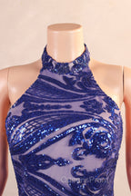 Royal Blue Mermaid Evening Prom Dress Sequined Lace Flowers Halter Neck Backless Long Gowns